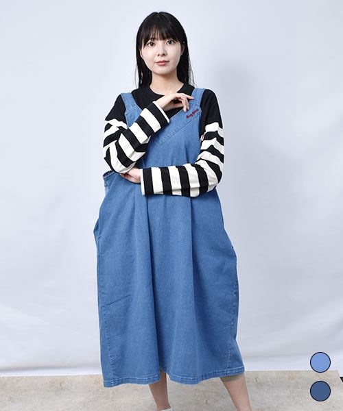 【ジャンスカ】 2WAY フリル ストレッチデニム ジャンスカ