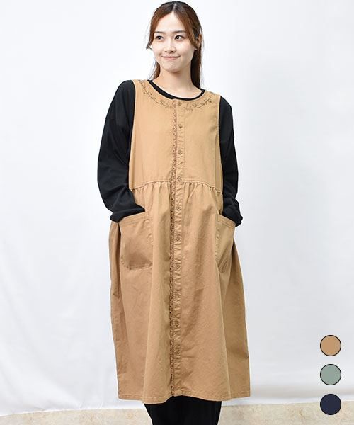 【ジャンスカ】 花刺繍レース ツイル ジャンバースカート
