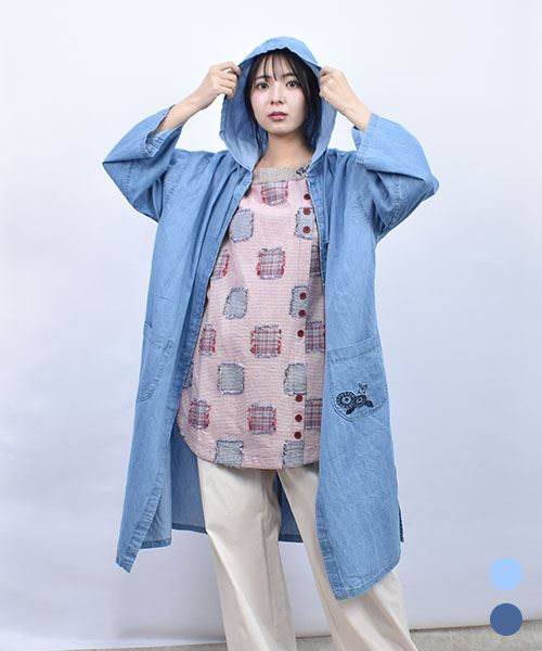 drug store's ゆったり デニム フード ポケット刺繍 9分袖 ロングシャツ羽織