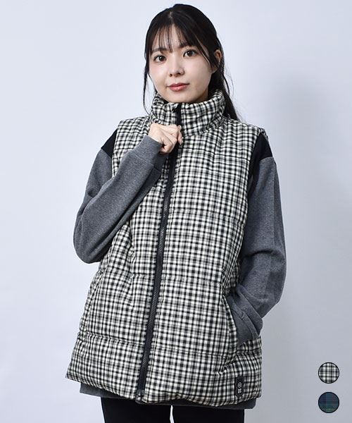 drug store's スタンドカラー ブタワッペン チェック 中綿ベスト