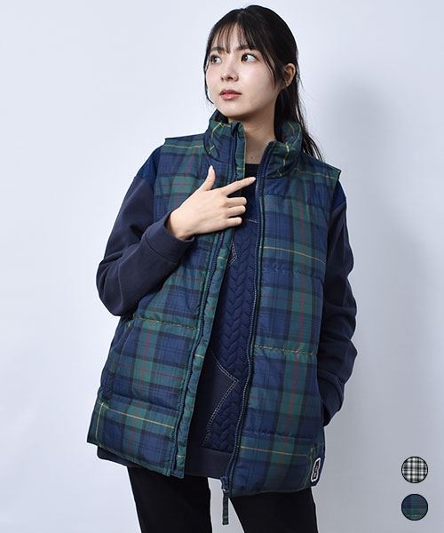 drug store's スタンドカラー ブタワッペン チェック 中綿ベスト