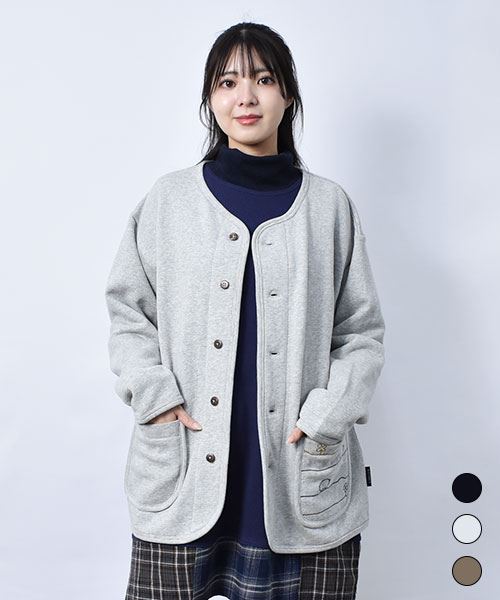 【カーディガン / 裏起毛】 刺繍 ポケット カーディガン