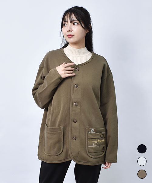 【カーディガン / 裏起毛】 刺繍 ポケット カーディガン