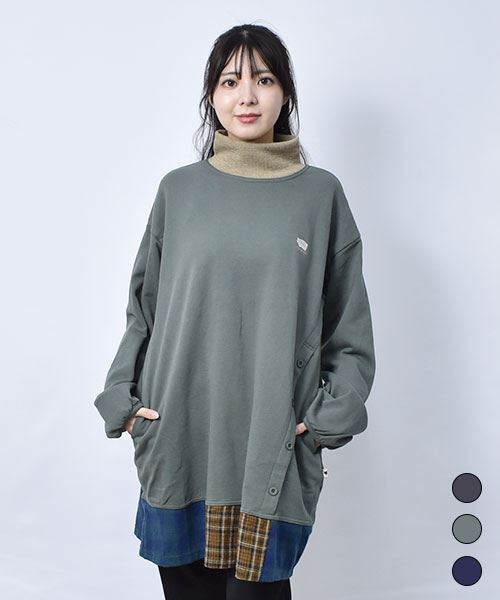 【スウェット トレーナー / 裏毛】 ハイネック チェック チュニック