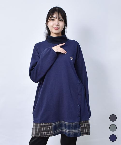 【スウェット トレーナー / 裏毛】 ハイネック チェック チュニック