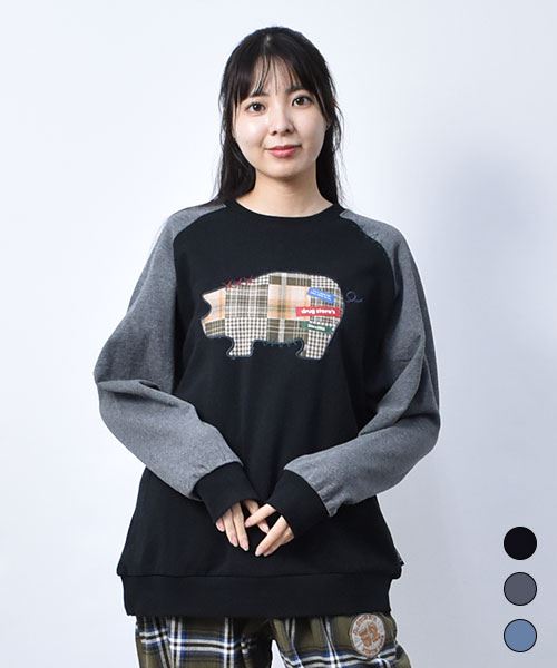 【トレーナー】 ぶたアップリケ 配色 トレーナー