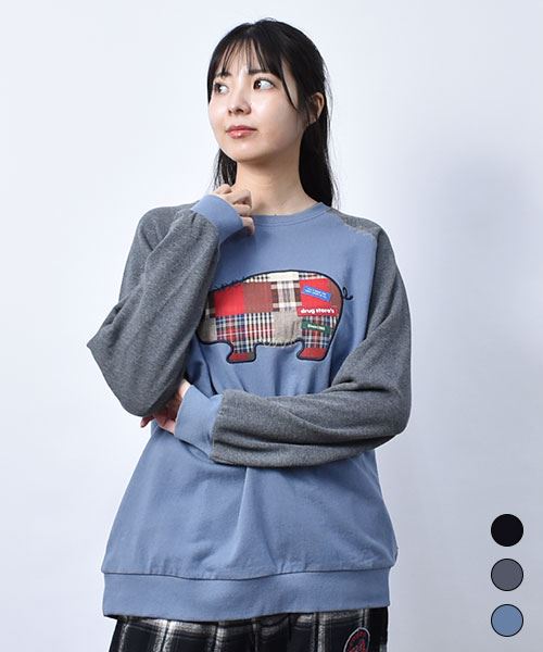 【トレーナー】 ぶたアップリケ 配色 トレーナー