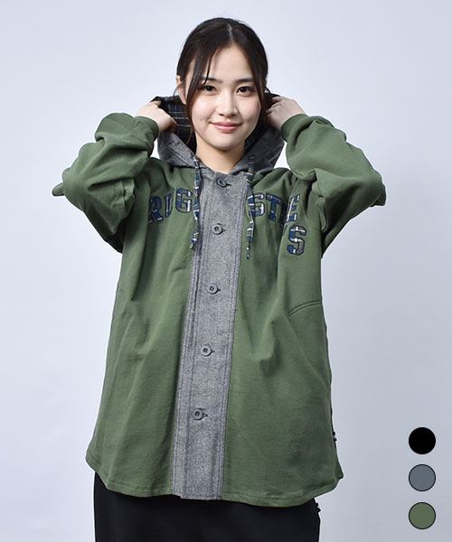 【パーカー】 重ね着風 ロゴアップリケ パーカー