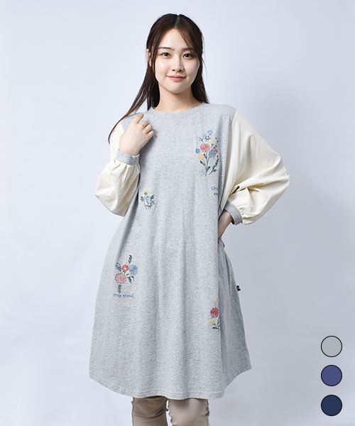 【チュニック】 花刺繍 切替 チュニック