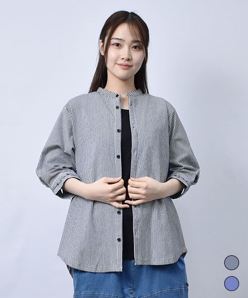 【シャツ】 ストライプ 袖タック シャツ