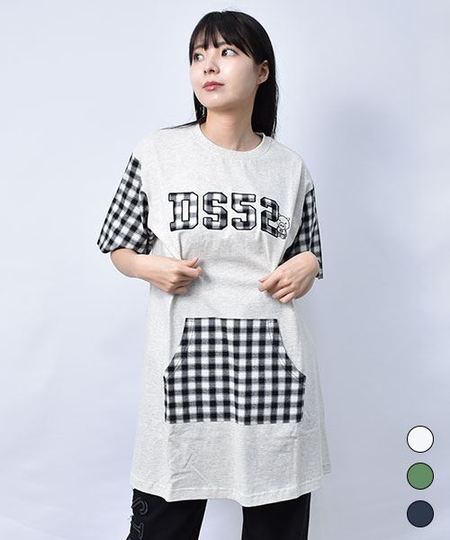 【チュニック】 ポケット&アップリケ チェック チュニック