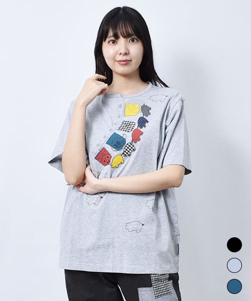 【Tシャツ】 ポケット風アップリケ ヘンリーネックT