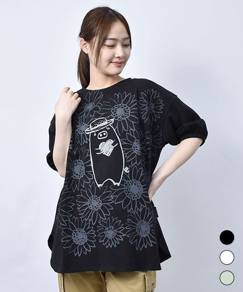 【Tシャツ】 ひまわりハートン パフ袖 プリントT