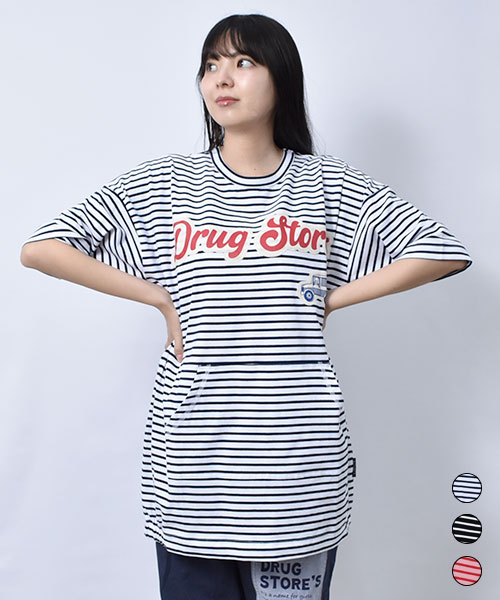 【Tシャツ】 ボーダー アップリケ BIG Tシャツ