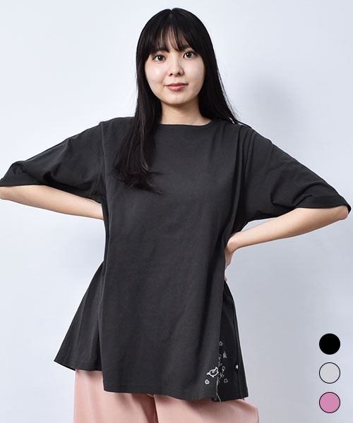 【Ｔシャツ】 花刺繍 Aライン Ｔシャツ