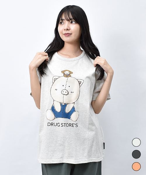 【Tシャツ】 ぬいぐるみブタ&おサルスタンディ プリント Tシャツ