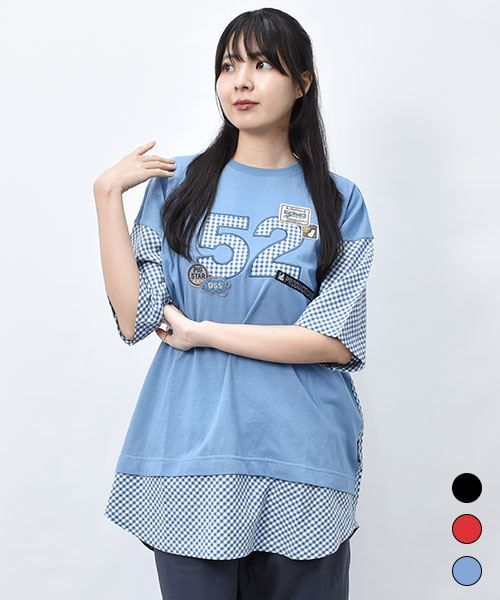 【Tシャツ】 重ね着風 チェックドッキング Tシャツ
