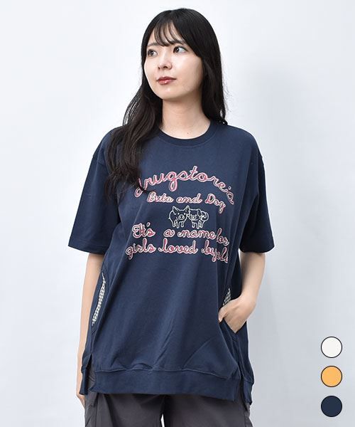 【Tシャツ】 ブタイヌ チェックポケット ゆったり Tシャツ