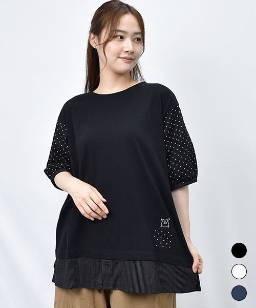 【Tシャツ】 重ね着風 ドット×ストライプ Tシャツ