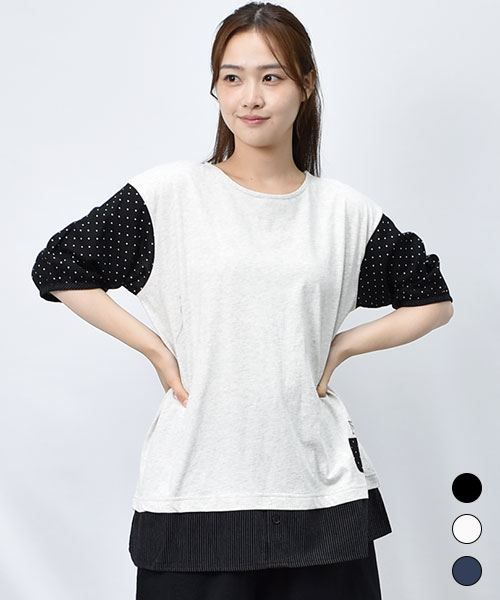 【Tシャツ】 重ね着風 ドット×ストライプ Tシャツ
