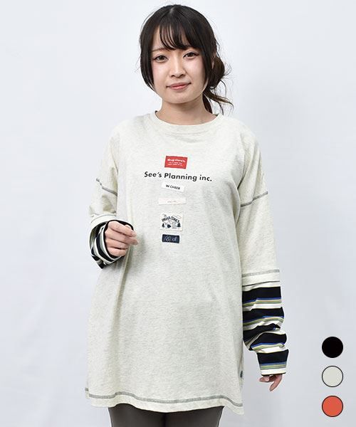 【Tシャツ】 バックスタンディ 重ね着風 ロンT