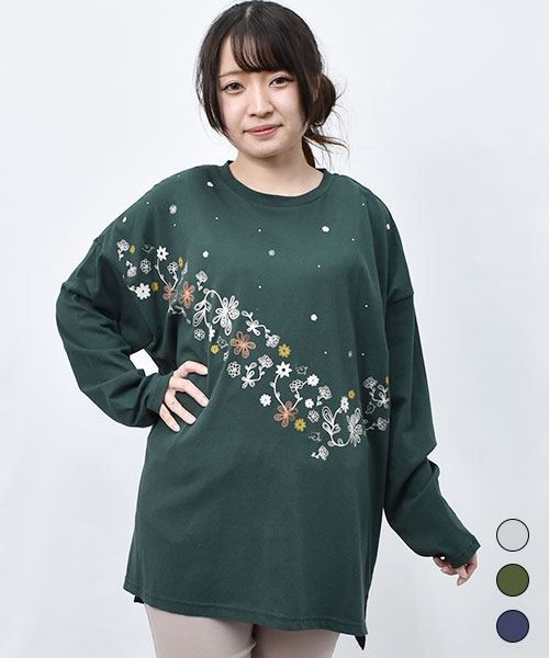 【Tシャツ】 花刺繍 ゆったりシルエット ロンT