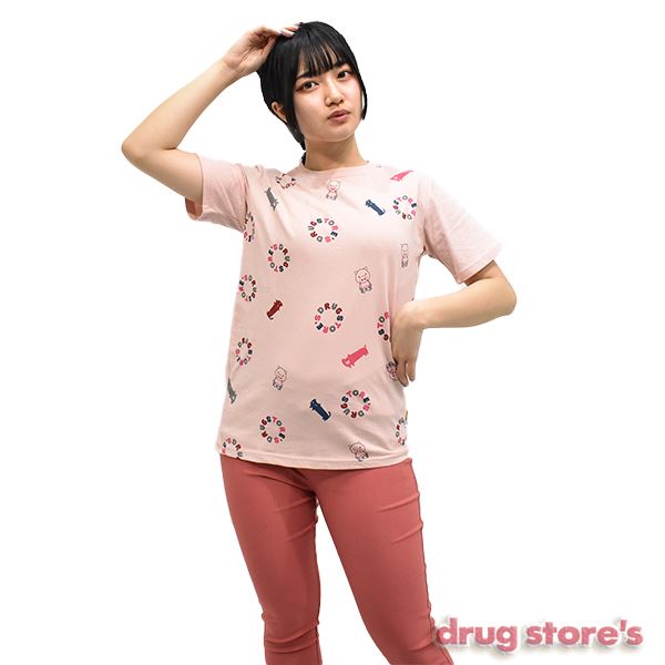 drug store's 20/-OE天竺 前身ロゴリング総柄プリント Tシャツ