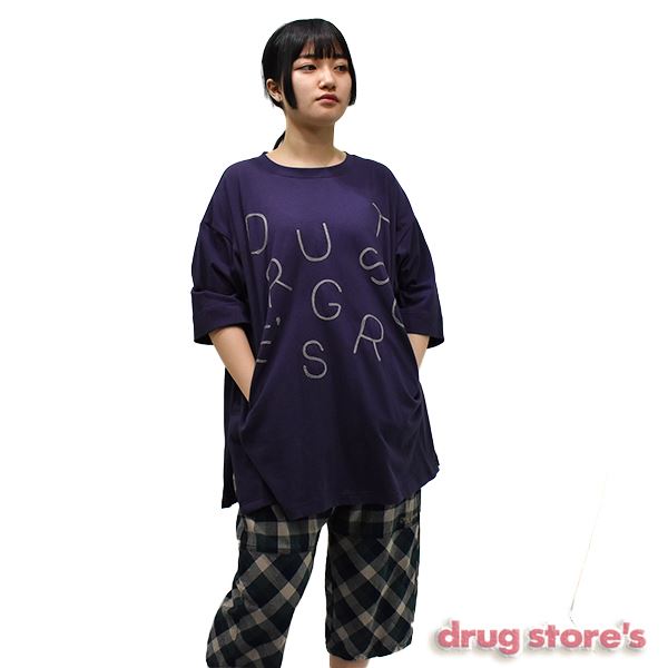drug store's 18/- 天竺 ロゴチェーン刺繍 サイド ロングスリット ５分袖 ゆったり チュニック(F 92 ネイビー): トップス  drug store'sWEB（ドラッグストアーズウェブ）
