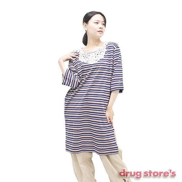 drug store's 20/-天竺 マルチボーダー柄 衿レースたたきつけ チュニック