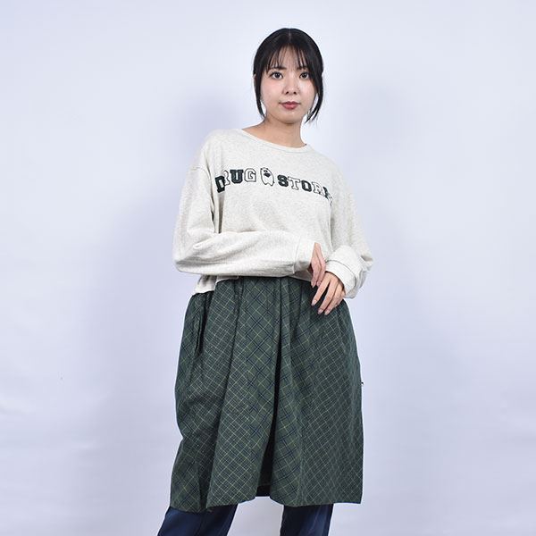 drug store's OE裏毛 重ね着風 チェック切替 ハートン＆ロゴ刺繍 ワンピース