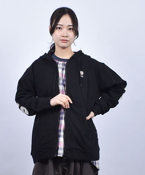 drug store's ミニミニ裏毛 バック別布ロゴアップリケ ゆったり パーカー