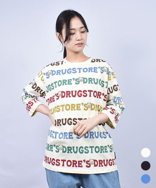 drug store's 20/-OE天竺 定番セットイン 総柄プリント 7分袖 Tシャツ