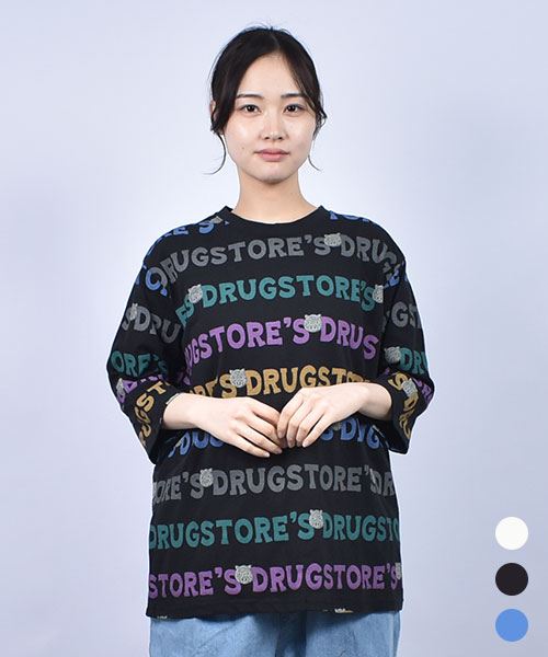 drug store's 20/-OE天竺 定番セットイン 総柄プリント 7分袖 Tシャツ