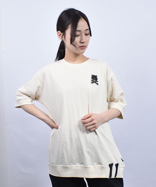 drug store's 18/-天竺 リブ切替 スカルフェルトワッペン バックスカルロゴプリント 5分袖 Tシャツ