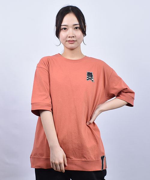 drug store's 18/-天竺 リブ切替 スカルフェルトワッペン バックスカルロゴプリント 5分袖 Tシャツ