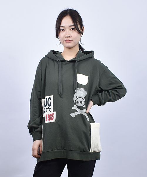 drug store's 18/-天竺 スカルプリント シーチングアップリケ 配色ポケット かぶり パーカー