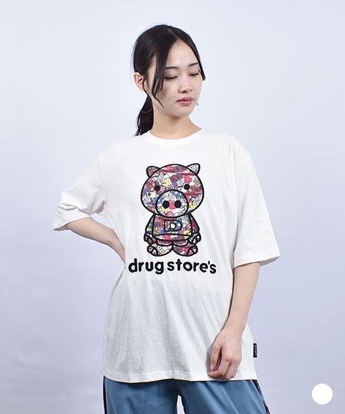 drug store's 20/-OE天竺 定番セットイン スタンディ総柄プリント アップリケ&刺繍 5分袖 Tシャツ