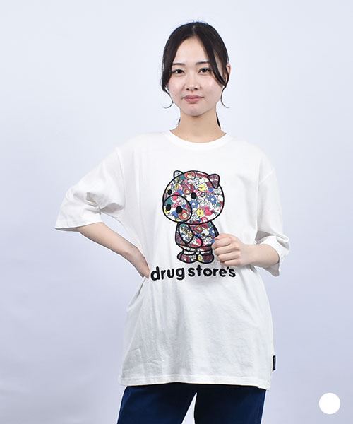 drug store's 20/-OE天竺 定番セットイン スタンディ総柄プリント アップリケ&刺繍 5分袖 Tシャツ