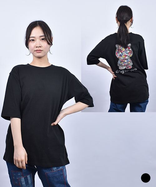 drug store's 20/-OE天竺 定番セットイン 背面スタンディ総柄プリント アップリケ&刺繍 5分袖 Tシャツ