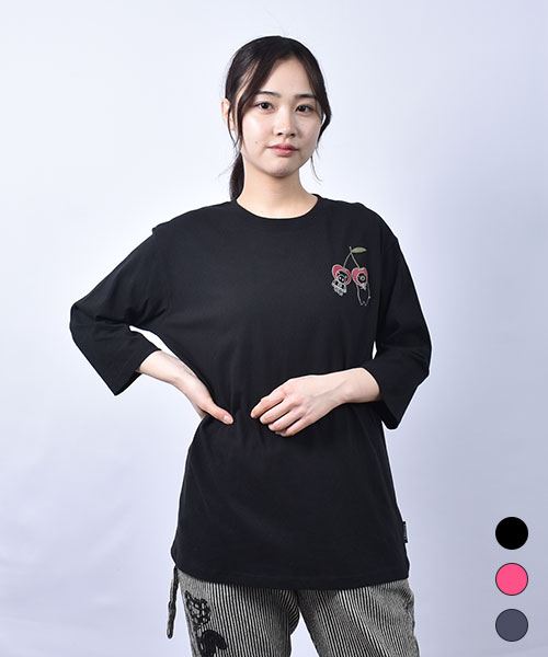 drug store's 21/-OE天竺 さくらんぼ ブタ刺繍 7分袖 定番セットインT