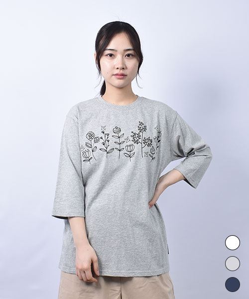 drug store's 21/-OE天竺 花刺繍 7分袖 定番セットインT