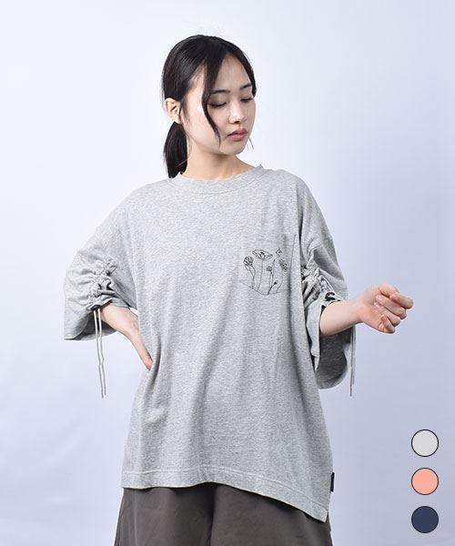 drug store's 21/-天竺 ポケット刺繍 袖ドロスト BIG 7部袖 Tシャツ