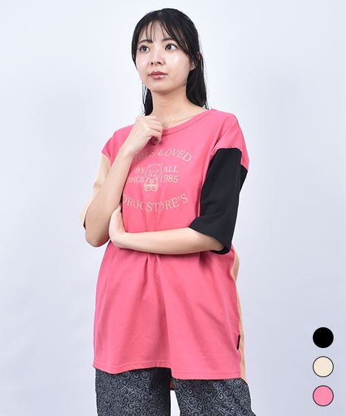 drug store's 20/-OE天竺 バック別布切替 ボタン開き スタンディプリント 丈長Tシャツ