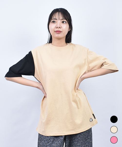 drug store's 20/-OE天竺 右袖配色 バックシマエナガ＆ハートンアップリケ Tシャツ