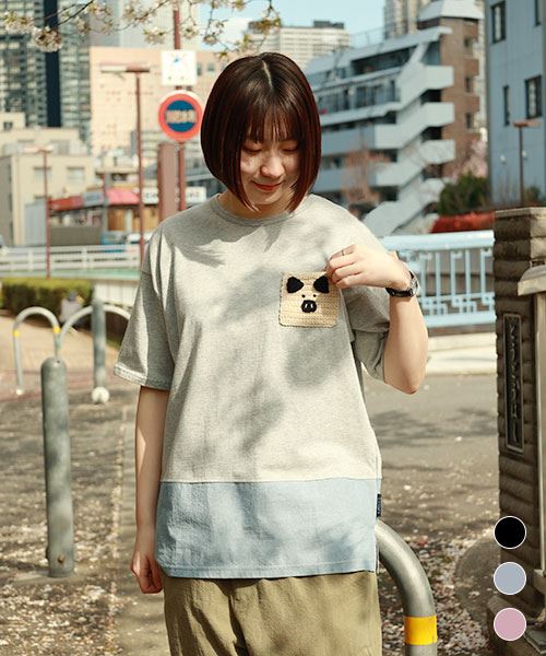drug store's 20/-OE天竺 かぎ針ブタモチーフポケット 後ろロゴプリント 裾別布 BIG T