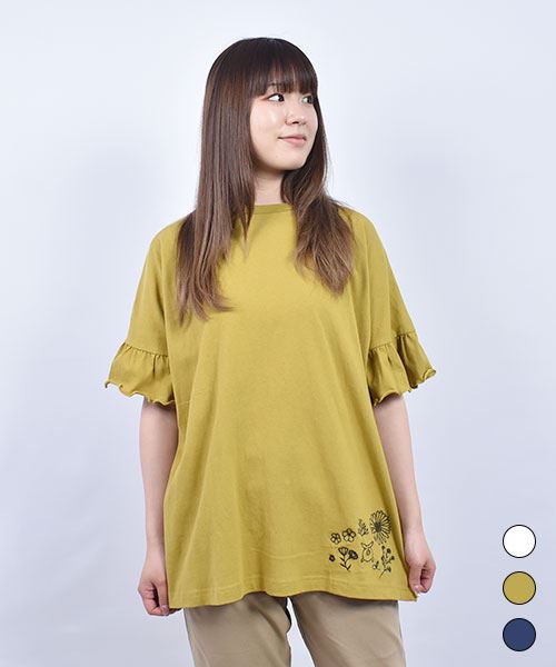 drug store's 20/-OE天竺 袖口 フリル切替 花刺繍 ドルマンT