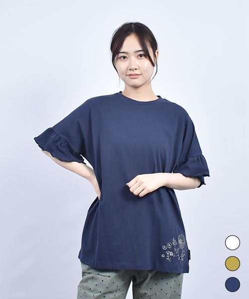 drug store's 20/-OE天竺 袖口 フリル切替 花刺繍 ドルマンT