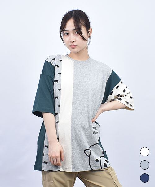 drug store's 20/-OE天竺 たてツギ切替ブタプリント ロゴ刺繍 ワイドTシャツ