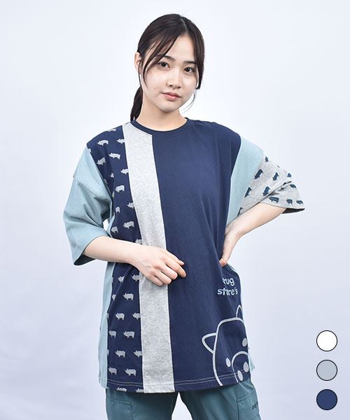 drug store's 20/-OE天竺 たてツギ切替ブタプリント ロゴ刺繍 ワイドTシャツ
