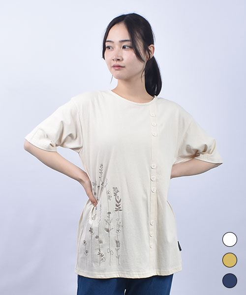 drug store's 20/-OE天竺 花刺繍 飾りボタン付き Tシャツ